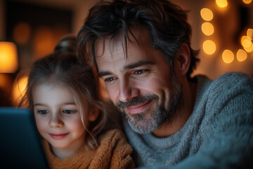 Parents guiding kids on responsible internet use, reading tips from a website. Bright lighting, contrast