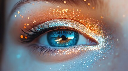 A close-up of an eye with blue and orange eyeshadow, surrounded by sparkling glitter that reflects light beautifully