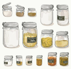 set of big and small glass container for flour, sugar, pasta dry food spices free waste eco for storing bulk products at home. illustration isolated on white background