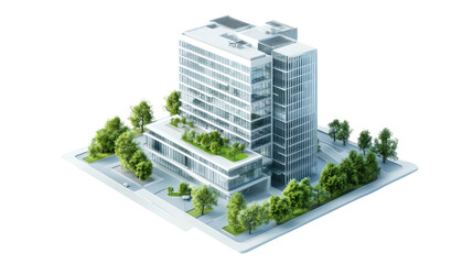 Modern office building design with greenery and glass, showcasing sustainable architecture and urban planning.