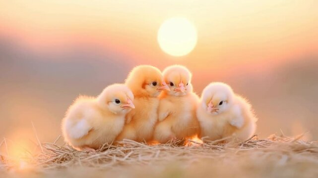 Four chicks on straw at sunset. Bright natural outdoor shot. Farm animals. Soft, calm, nature concept. For design, greeting cards, social media.