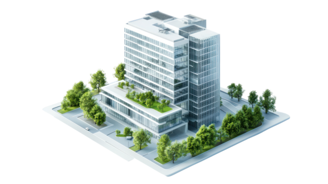 Modern office building design with greenery and glass, showcasing sustainable architecture and urban planning.