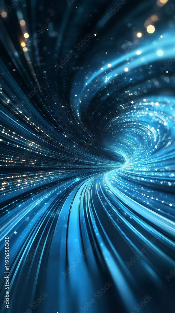 Fototapete spinning blue digital vortex swirling through vibrant particles, creating mesmerizing dynamic motion
