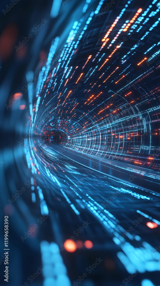 Poster Glowing blue and orange data streams flow through futuristic tunnel transmitting information in cyberspace