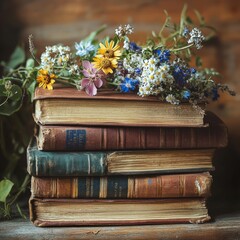 A close-up of vintage books stacked with wildflowers on top, evoking nostalgia and a love for literature. Perfect for literary-themed content or rustic decor.