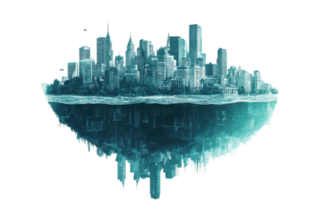 Urban skyline reflection in water creates an imaginative view of a bustling city landscape isolated on transparent background