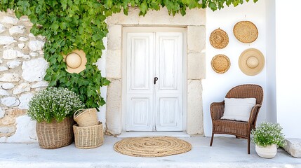 Mediterranean House Exterior  White Door  Wicker Chair  Flowers