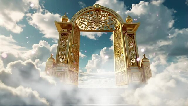 The golden gate of heaven is above the magnificent and sparkling clouds. Seamless 4K looping timelapse video animation background