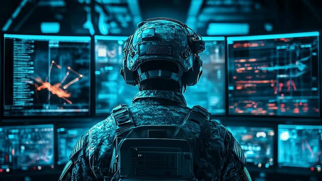 A military operator in tactical gear looks at a control room with multiple screens. Command center and strategy concept