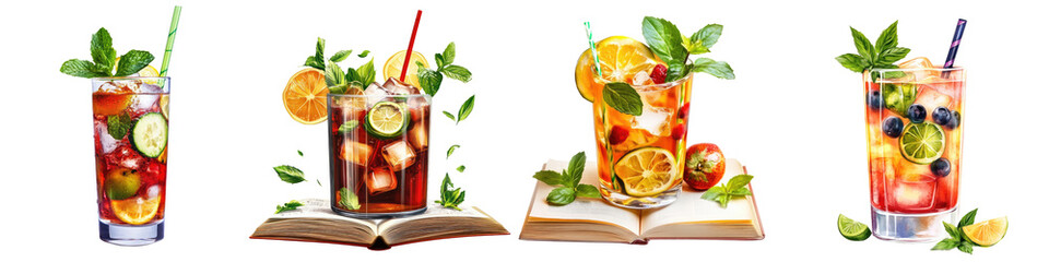Fototapeta premium Mocktail recipe book – A book filled with recipes for making non-alcoholic beverages, including mocktails. Isolated on Clear White Background Highly Detailed