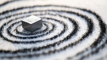 Naklejka premium Iron filings forming circular patterns around a bar magnet on white surface, illustrating magnetic field lines and scientific principles of magnetism.