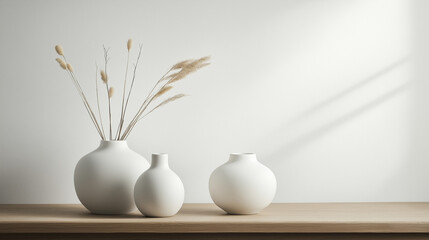 Scandinavian Ceramic Vase with Dry Grass on Wooden Table in Minimalist Interior Design