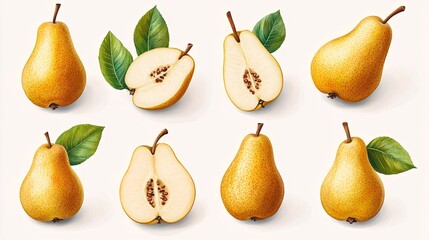 Obraz premium 12 realistic pear illustrations, including whole, halved, sliced, and with leaves, perfect for fresh fruit-themed designs.