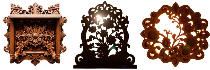 Set of Intricate wooden carving with elegant floral designs, showcasing craftsmanship and natural beauty isolated on transparent background