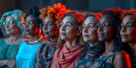 Obraz premium A group of women are standing together, all wearing glasses and some of them have their hands on their hips. Scene is one of unity and solidarity, as the women are all dressed similarly