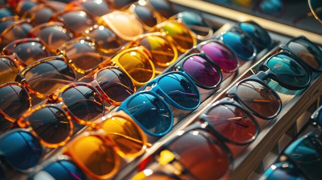 Colorful collection of sunglasses and eyeglasses, perfect for summer fashion accessories.