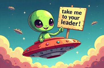 UFO Alien with Sign Asking for Leader. A cute alien character with big eyes holding a sign that says "take me to your leader!" flying in a colorful UFO.