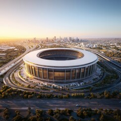 A modern stadium stands prominently against a city skyline at sunset, showcasing its architectural design amidst surrounding greenery and roadways.
