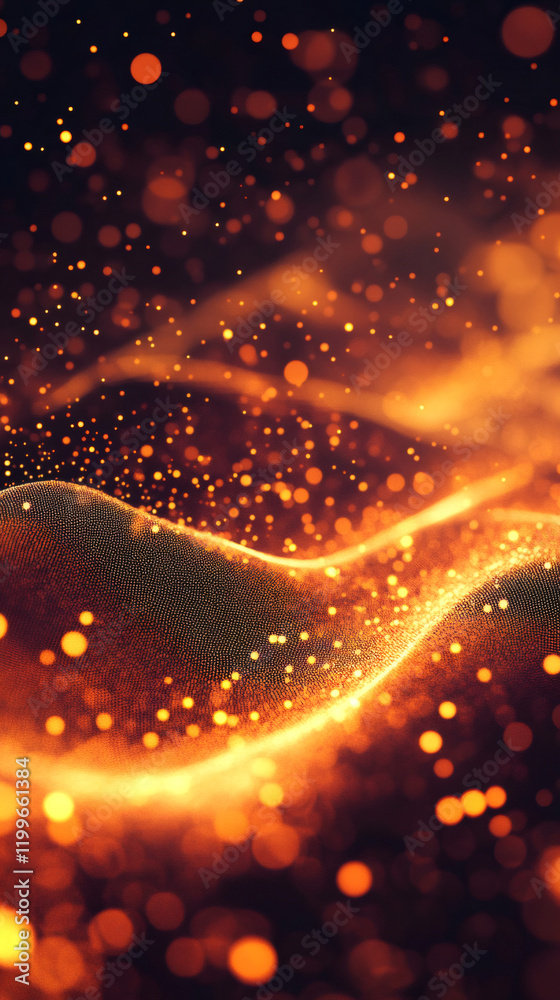 Poster Glittering golden particles dancing across rippling dark surface, generating mesmerizing abstract visual with dynamic luminescent movement
