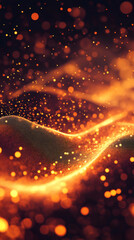 Glittering golden particles dancing across rippling dark surface, generating mesmerizing abstract visual with dynamic luminescent movement