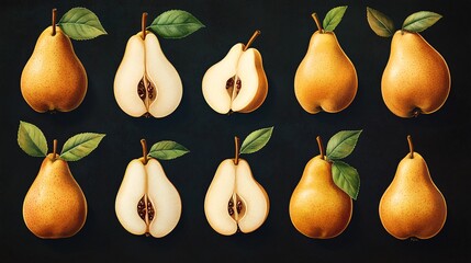 Obraz premium Set of 12 realistic pear illustrations in various poses: whole, halved, sliced, and with leaves, showcasing their natural beauty.