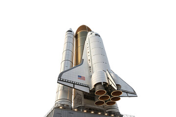 A majestic white space shuttle with boosters and a sleek design, poised on its launch pad under dramatic lighting. Isolated on a transparent background