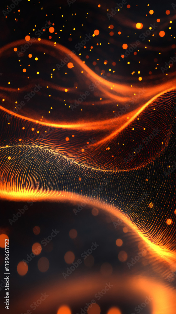 Fototapete orange digital wave particles flowing with bokeh effect on a black background, ideal for websites, b