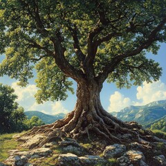 Obraz premium Ancient tree, sprawling roots, rocky hillside, sunny sky.