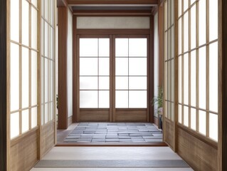 A spacious and elegant entrance hall with sliding wooden doors that let in abundant natural light. The zen aesthetic is reflected in the simplicity of the design and the harmony between the woodwork