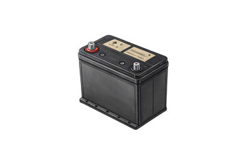 Fototapeta premium A rectangular black automotive battery with positive and negative terminals, featuring a golden label on top, sturdy design, and a functional appearance. Isolated on a transparent background