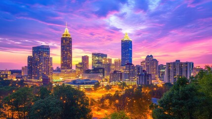 Obraz premium Atlanta Skyline Sunset Cityscape Evening Panorama