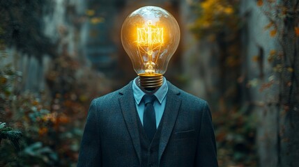 Man with lightbulb head in autumnal alley.