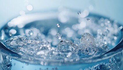 Captivating Close-Up of Water Droplets Splashing in a Clear Glass Container, Creating Stunning Ripples and Reflections on a Light Blue Background
