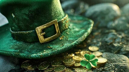 Festive green leprechaun hat and shamrock on gold coins celebrating st. patrick's day luck concept