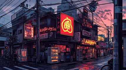 Rainy Night Cityscape Neon Signs Illuminate Urban Street