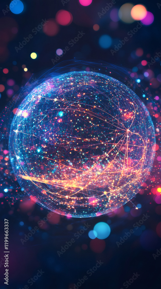 Fototapete bright colorful globe showing data exchange and global network, futuristic connections with glowing 