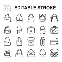 Bag icon set. Thin line vector, contains various bag models. Such as women's bags, suitcases, backpacks and more.