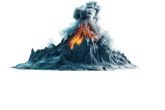 Erupting volcano with lava and smoke creating a dramatic landscape in a fantasy setting isolated on transparent background