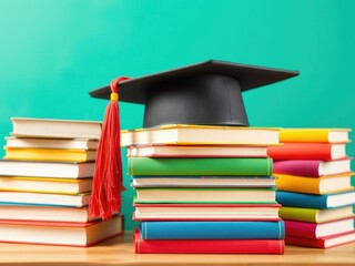 A colorful graduation cap is perched on top of a stack of textbooks with a vibrant and lively atmosphere, surrounded by bright colored paperbacks, knowledge, fun, achievement