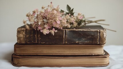 A close-up of vintage books stacked with wildflowers on top, evoking nostalgia and a love for literature. Perfect for literary-themed content or rustic decor.