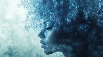 A woman with curly hair made of ice, with a foggy blue color grading