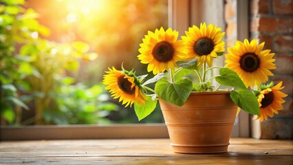 Fototapeta premium A cluster of small sunflowers in a terracotta pot on a sunny windowsill, with a hint of greenery and a few scattered leaves, home decor, pots, succulents