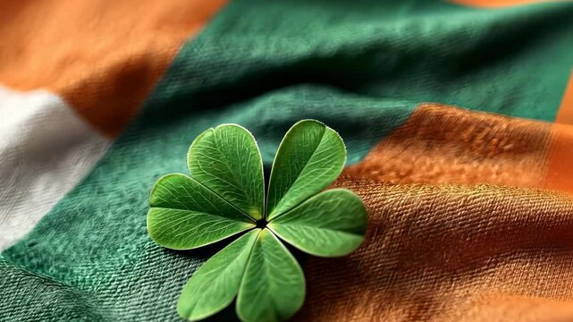 Four-leaf clover on irish flag fabric: symbol of luck for st. patrick's day celebration