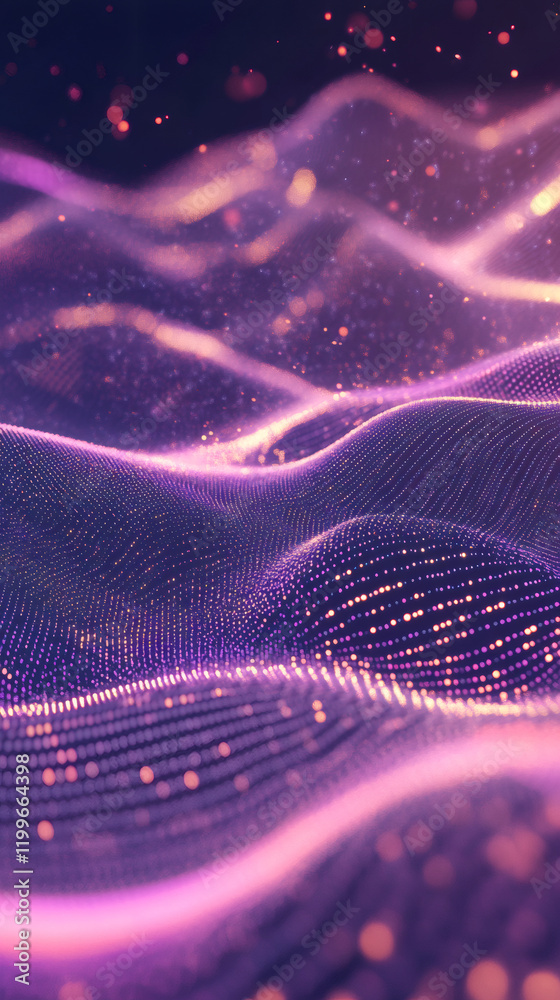 Aufkleber Abstract purple digital wave particles flowing in cyberspace, big data visualization, 3d rendering