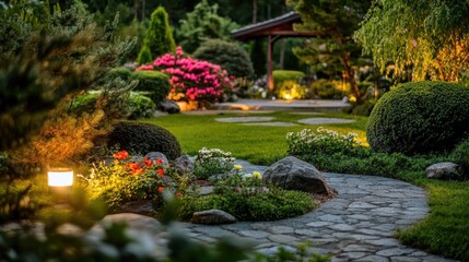 Serene Evening Garden Landscape With Stone Path And Lighting
