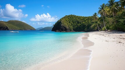 Fototapeta premium Serene Tropical Beach Scene With Boats And Lush Greenery