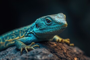 A vibrant blue lizard with yellow eyes, displayed in a close-up shot highlighting its skin texture and scales.