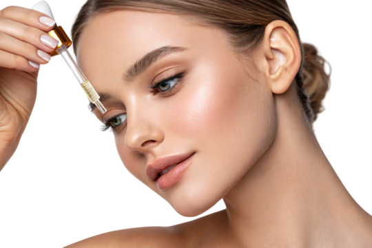 A woman applying serum with a dropper, highlighting flawless skin, beauty, and self-care. A serene expression complements the golden glow of the serum. Isolated on a transparent background