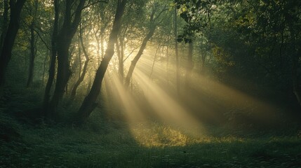 Fototapeta premium Sunbeams Illuminate Misty Forest Path