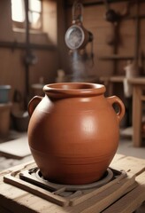 A clay pot being glazed in a kiln with a temperature gauge , pottery process, artisanal potter